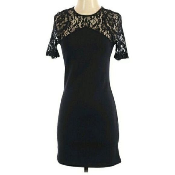 CO Lace Illusion Neckline Short Sleeve‎ Crew Neck Stretch Mini Dress Black Sz S - Picture 2 of 9